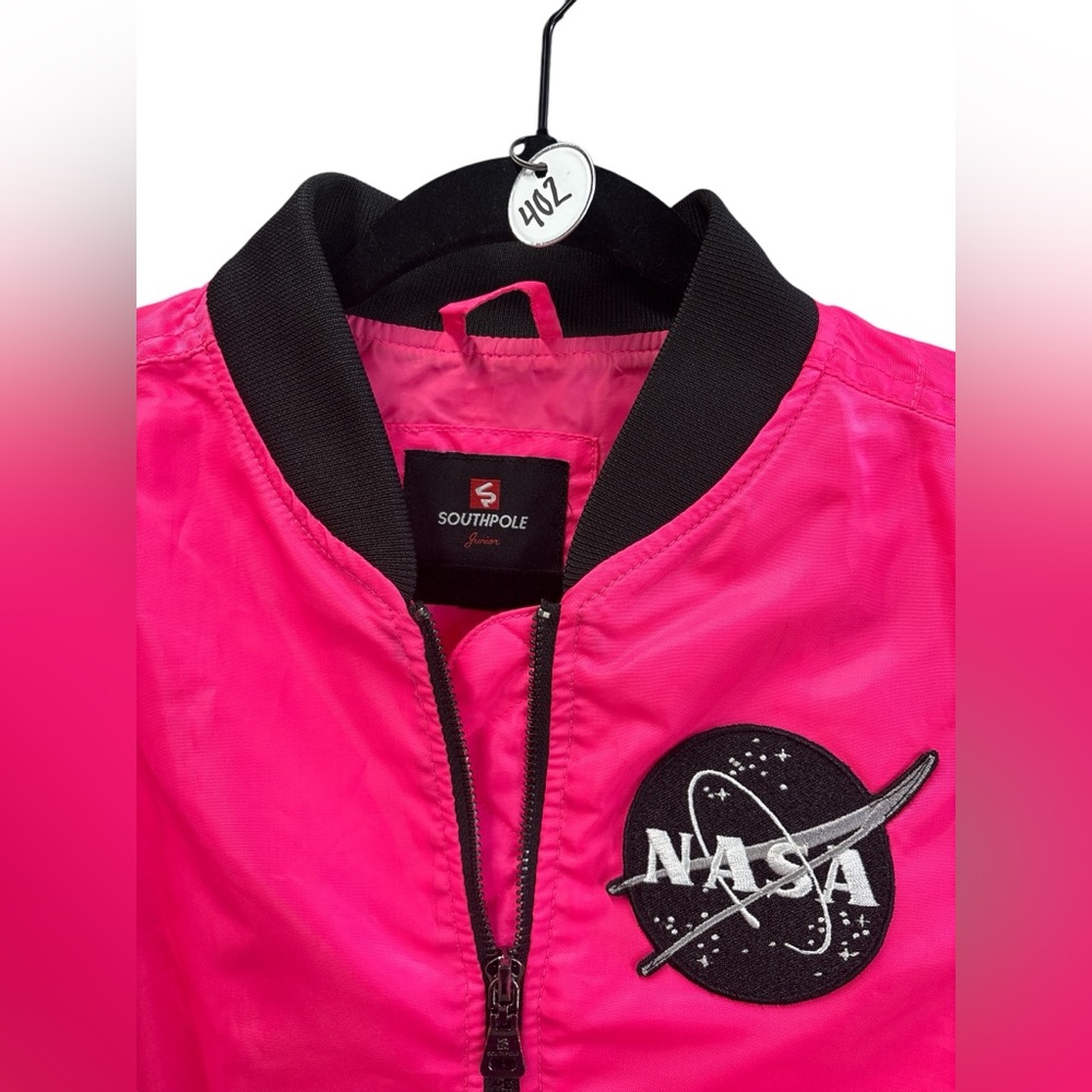 South Pole NASA Hot Pink Bomber Jacket Space Patch Festival Grunge Jr M - Picture 3 of 8